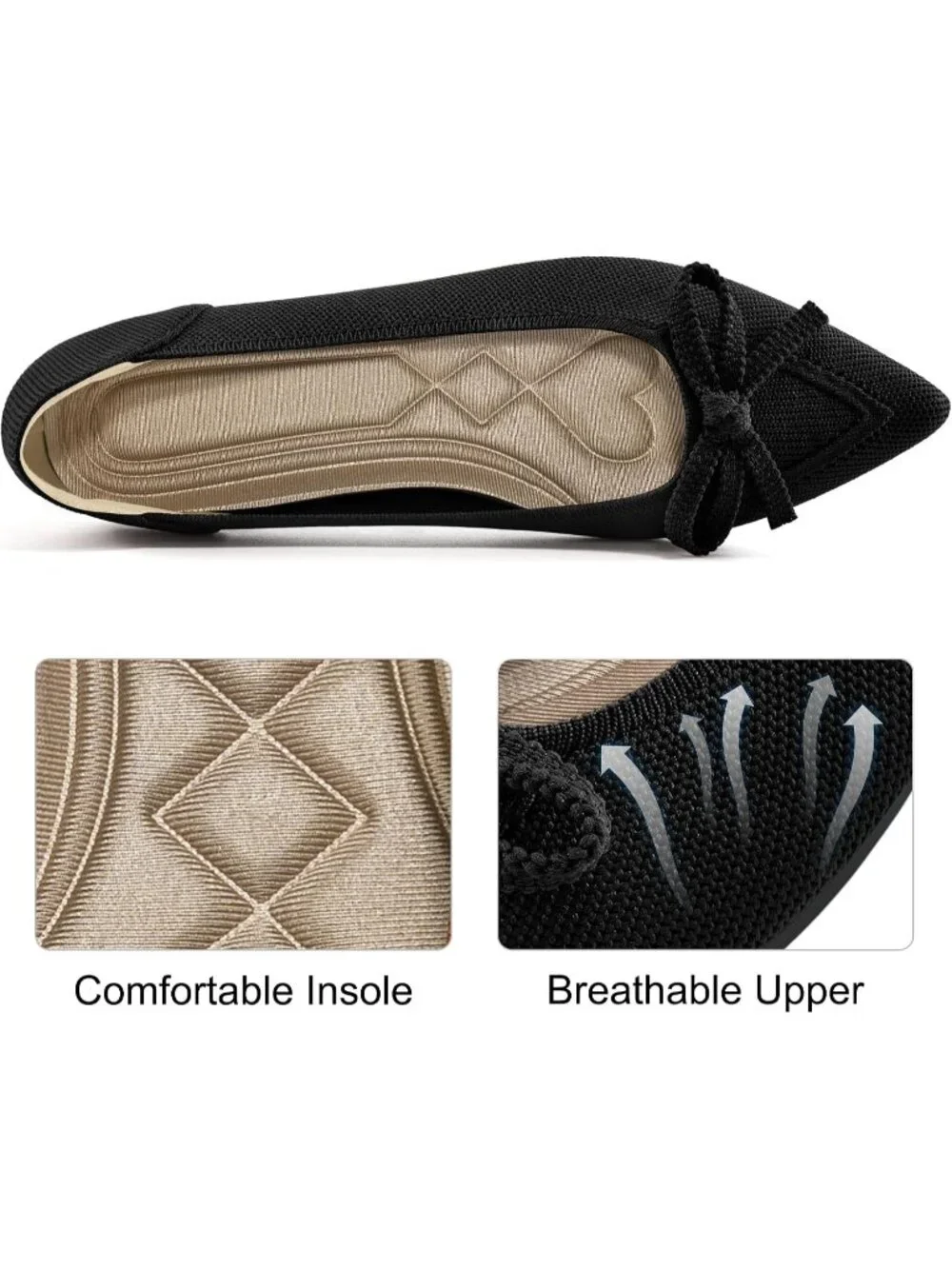 Women's Black Ballet Flats Shoes Dressy Pointed Toe Bow Knit Flats Comfortable